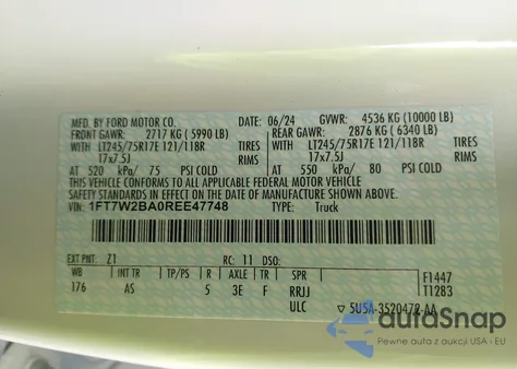 2024 Ford F-250 Xl из США, поврежденный, VIN 1FT7W2BA0REE47748